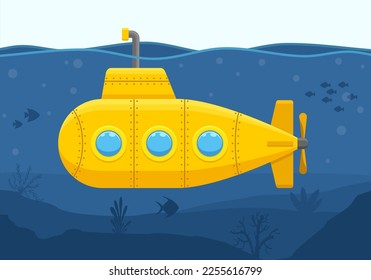 Yellow Submarine with periscope floating under sea water. Underwater ship exploring at the bottom of sea. Marine life with fish, coral and seaweed. Bathyscaphe ocean scene. Vector illustration