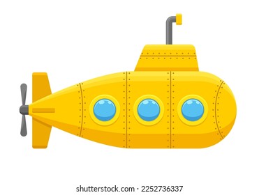 Gelbes U-Boot mit Periskop einzeln auf weißem Hintergrund. Unterwasserschiff, bathyscaphe schwimmend unter Meerwasser. Vektorgrafik