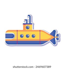 Yellow Submarine with periscope on white background. Underwater Sea research transport  in flat style. Childish toy vector illustration. Suited for children coloring book, print, education, element