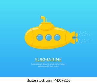 Yellow submarine with periscope swimming underwater. The research of the underwater world by using submarine. Cartoon vector illustration in flat style.