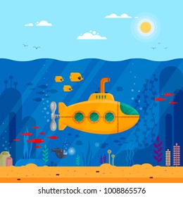 Yellow submarine with periscope underwater concept. Marine life with fish, coral, seaweed, colorful blue ocean landscape. Bathyscaphe template for banner, poster or flyer cover - flat vector