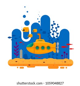 Yellow submarine with periscope underwater concept. Marine life with fish, coral, seaweed, colorful blue ocean landscape. Bathyscaphe template for banner, logo, poster or flyer cover - flat vector