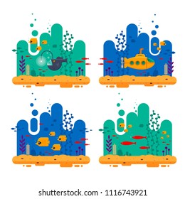 Yellow submarine with periscope underwater concept. Marine life with fish flock, angler fish, coral, seaweed, colorful blue ocean landscape. Bathyscaphe template for banner, poster or flyer cover -
