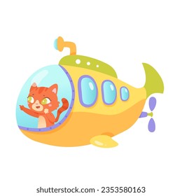 Yellow submarine with red cat vector illustration. Cartoon isolated curious happy animal looking out window to research deep sea water, cute sea ship bathyscaphe swimming with funny sailor inside