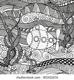 Yellow Submarine Sailing On The Sea Bottom. The Algae, Corals, Beautiful Art Background.  Hand-drawn, Ethnic, Floral, Retro, Doodle, Vector, Zentangle Tribal Design Element. Pattern For Coloring Book