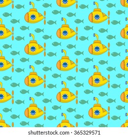 Yellow submarine, Seamless colorful pattern with funny cartoon submarines