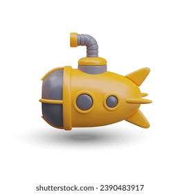 Yellow submarine, side view. Vector illustration in cartoon style. Template for underwater travel service. Submarine with raised periscope. Espionage, research in sea, ocean