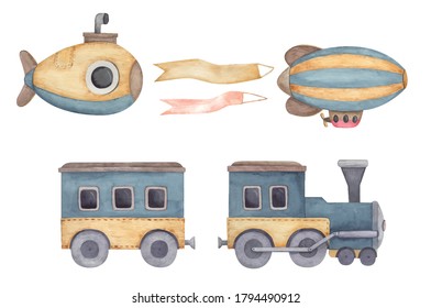 yellow submarine, striped airship with ribbon, train, kids  illustration for kids room design, postcards, stickers