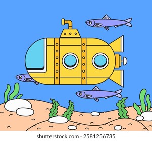 Yellow submarine swimming among fish in a colorful underwater cartoon illustration hand drawn