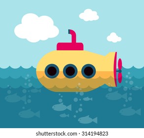 Yellow submarine swimming in the ocean (vector illustration, flat conception)