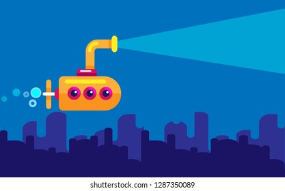 Yellow Submarine swimming under the ocean with periscope, bathyscaphe cartoon, underwater ship Flat design. Vector .  Underwater ocean scene. Deep blue water, coral reef . Modern line illustration. 