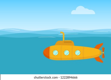 Yellow submarine. Yellow submarine swims in the waters of the ocean. Flat design, vector.