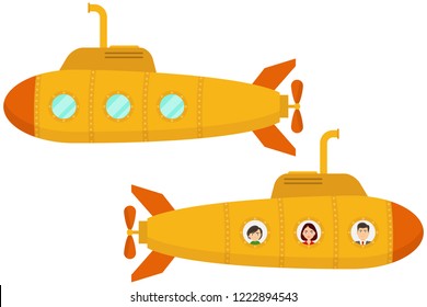 Yellow submarine. Two cartoon yellow submarines. Flat design, vector.