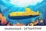 A yellow submarine under the ocean with fish and coral, in a cartoon style, with a blue background. Concept of an underwater adventure. Vector illustration