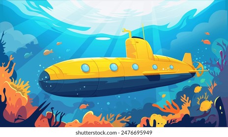 A yellow submarine under the ocean with fish and coral, in a cartoon style, with a blue background. Concept of an underwater adventure. Vector illustration