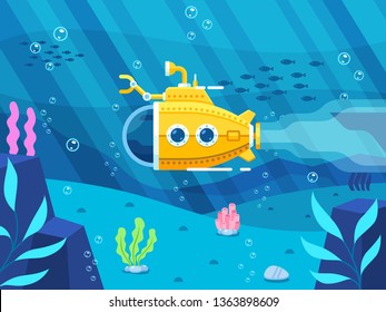 yellow submarine under the sea with colorful coral flat vector illustration