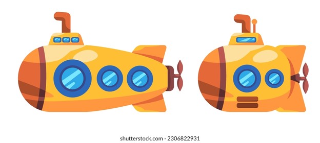 Yellow submarine under sub water toys with periscope object set collection drawing illustration sticker doodle cartoon style