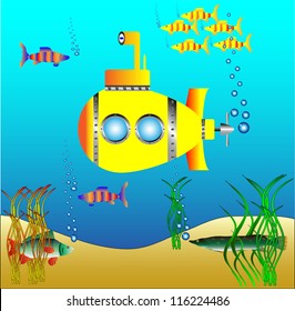 Yellow submarine under water surrounded by fish and sea grass