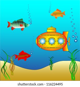Yellow submarine under water surrounded by fish and sea grass