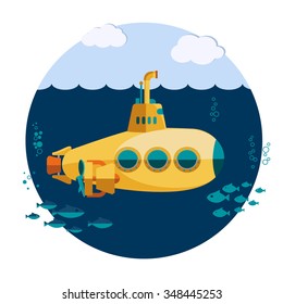 Yellow Submarine undersea boat with fishes in sea, periscope Flat design. Vector image