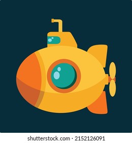 Yellow Submarine Undersea, Cartoon Style Vector, With Periscope, Bathyscaphe Underwater Ship, Diving Exploring At The Bottom Of Sea Flat Design.