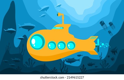 yellow submarine undersea with fish in cartoon style