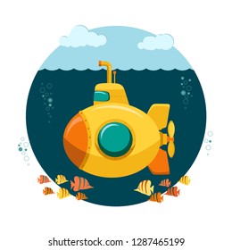 Yellow Submarine undersea with fishes in a cartoon style, with periscope, bathyscaphe underwater ship, Diving Exploring At the Bottom of Sea Flat design. Vector