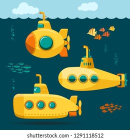Желтая подводная лодка с рыбами, мультяшный стиль, с перископом, подводное судно с батискафом, дайвинг, исследование на дне моря, плоский дизайн. Вектор