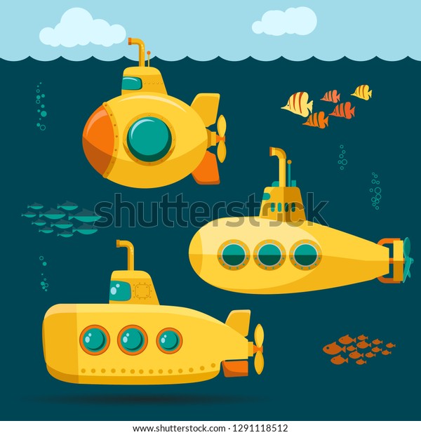 Yellow Submarine undersea with\
fishes, cartoon style, with periscope, bathyscaphe underwater ship,\
Diving Exploring At the Bottom of Sea Flat design.\
Vector