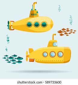 Желтая подводная подводная лодка с рыбами, плоский дизайн. Вектор