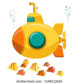 Yellow Submarine undersea with fishes, funny underwater boat with periscope. Flat design. Vector