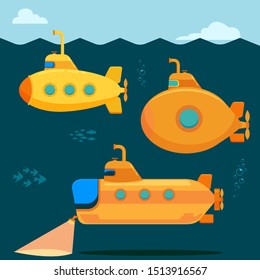 Yellow Submarine undersea , flat cartoon style