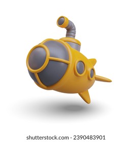 Yellow submarine undersea swimming. Diving exploring concept. Childish toy, nautical adventure. Bathyscaphe travel. Vertical vector illustration in 3d style