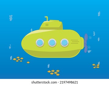 Yellow Submarine underwater with fish Illustration, cartoon style, with periscope, underwater ship bathyscaphe, Diving Exploring At the Bottom of Sea Flat design. Vector. children carton, vector
