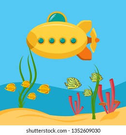 Yellow submarine; Underwater with fish. Ocean background. Expedition in the depths of the sea. Bathyscaphe Flat cartoon style. Vector image.