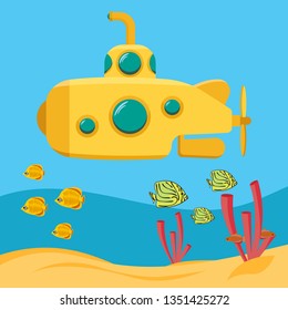 Yellow submarine, Underwater marine wildlife. Expedition in the depths of the sea. Bathyscaphe with periscope. Flat cartoon vector illustration.