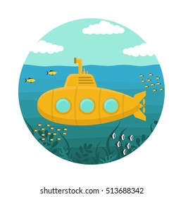 Yellow Submarine underwater with Periscope. Flat Design Style. Vector illustration of undersea boat with fishes on sea, cartoon periscope. Nautical travel  bathyscaphe deep