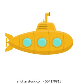 Yellow Submarine Underwater with Periscope on White Background. Flat Design Style. Vector illustration