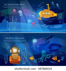 Yellow Submarine Underwater With Periscope. Sea Exploration Banner. Oceanography Concept Scientific Research Of Sea And Ocean 