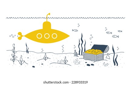 Yellow submarine underwater and a treasure chest on the sea bottom