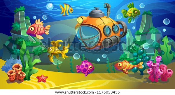 Yellow submarine underwater. Vector underwater landscape with fishes and seaweed. Sea bottom mural wallpaper. 