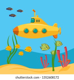 Yellow submarine, Underwater world. Expedition in the depths of the sea. Bathyscaphe with periscope. Flat cartoon style. Vector image.