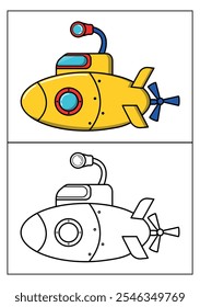 Yellow Submarine vehicle vector with black and white outline for page coloured illustration