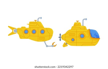 Yellow Submarine Watercraft with Porthole Swimming Underwater Vector Set