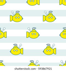 Yellow submarines seamless pattern on the background of stripes and lines. Children's style. Vector illustration for birthday, party invitations, scrapbooking, prints, fabric, cards 