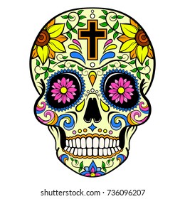 Yellow Sugar Skull with a cross, sunflowers and ornaments. Day Of The Dead. Vector illustration.