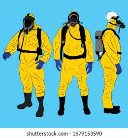 yellow suit for biohazard chemical protection with cartoon style. vector