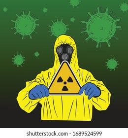 yellow suit chemical hazmat protection with corona virus background cartoon style. vector