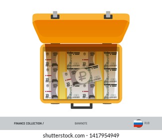 Yellow suitcase with 10 Russian Ruble Banknotes. Flat style vector illustration. Salary payout or corruption concept.