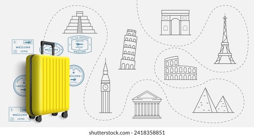 Maleta amarilla estilo 3d con diferentes elementos de viaje